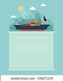 Blank for text. Landscape  sailing. Carrier, Containers on the Container Ship. vector Infographics design.