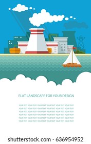 Blank for text. Low-polygonal nuclear power plant Factory, station. Flat graphic landscape with industry. Vector icon for design