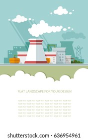 Blank for text. Low-polygonal nuclear power plant Factory, station. Flat graphic landscape with industry. Vector icon for design