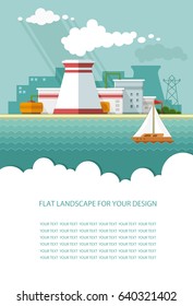 Blank for text. nuclear power plant, Factory, station. Flat graphic landscape with industry. Vector illustration for design
