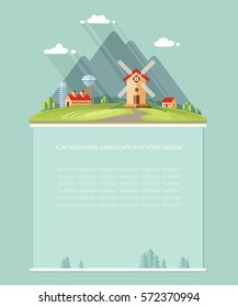 Blank for text. Rural landscape. Agricultural industry, windmill mountains in the background. Flat style vector Infographics for your design