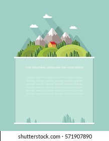 Blank for text. Rural summer, spring  landscape. Houses in the mountains among the trees, rest in a village the lake and the river. Flat vector Infographics design