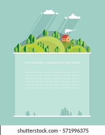Blank for text. Rural summer, spring  landscape. Houses in the mountains among the trees, rest in a village the lake and the river. Flat vector Infographics design