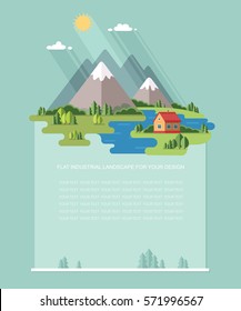 Blank for text. Rural summer, spring  landscape. Houses in the mountains among the trees, rest in a village the lake and the river. Flat vector Infographics design