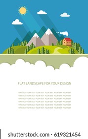 En blanco para el texto. Verano rural, paisaje de primavera. Casas en las montañas entre los árboles, descansar en un pueblo de montaña el lago y el río. Diseño de infografías de Vector plano