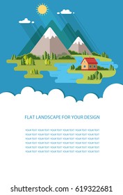 Blank for text. Rural summer, spring  landscape. Houses in the mountains among the trees, rest in a mountain village the lake and the river. Flat vector Infographics design