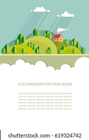 Blank for text. Rural summer, spring  landscape. Houses in the mountains among the trees, rest in a mountain village the lake and the river. Flat vector Infographics design