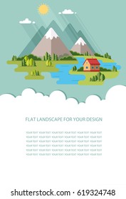 En blanco para texto. Verano rural, paisaje primaveral. Casas en las montañas entre los árboles, descansa en un pueblo de montaña el lago y el río. Diseño de infografías de vector plano