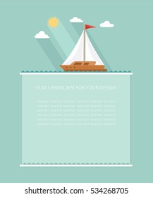 Blank for text. Sailboat on the background of the ocean, the sea. Yacht Club. Flat design style vector illustration.