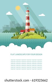 Blank for text. Seascape. Lighthouse on the island on a background of clouds. Flat vector Infographics design
