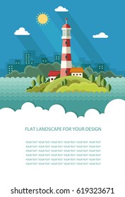 Blank for text. Seascape. Lighthouse on the island on a background of clouds. Flat vector Infographics design