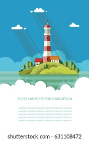 Blank for text. Seascape. Lighthouse on the island on a background of clouds. Flat vector Infographics design