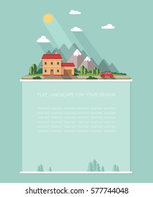 Blank for text. Spring, summer landscape. Little city street with small houses and trees. Flat vector Infographics design
