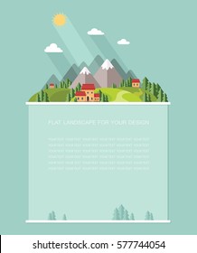 Blank for text. Spring, summer landscape. Little city street with small houses and trees. Flat vector Infographics design
