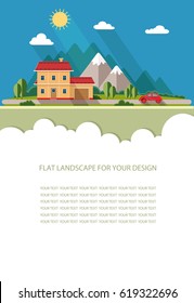 Blank for text. Spring, summer landscape. Little city street with small houses and trees. Flat vector Infographics design
