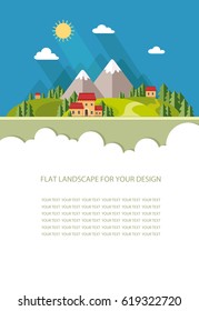 Blank for text. Spring, summer landscape. Little city street with small houses and trees. Flat vector Infographics design
