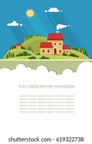 Blank for text. Spring, summer landscape. Little city street with small houses and trees. Flat vector Infographics design