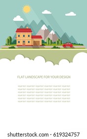 Blank for text. Spring, summer landscape. Little city street with small houses and trees. Flat vector Infographics design