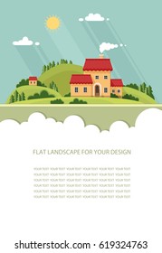Blank for text. Spring, summer landscape. Little city street with small houses and trees. Flat vector Infographics design
