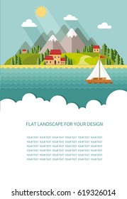 Blank for text. Spring, summer landscape. Little city street with small houses and trees. Flat vector Infographics design
