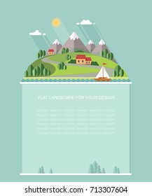 Blank for text. Spring, summer landscape. Little city street with small houses and trees, yacht on the lake. Flat vector Infographics design
