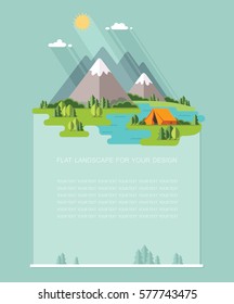 Blank for text. summer Morning landscape in the mountains. Solitude in nature by the river. Weekend in the tent. Hiking and camping. Flat vector Infographics design
