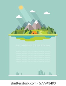 Blank for text. summer Morning landscape in the mountains. Solitude in nature by the river. Weekend in the tent. Hiking and camping. Flat vector Infographics design
