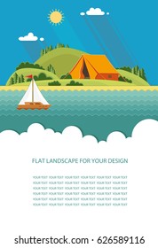 Blank for text. summer Morning landscape in the mountains. Solitude in nature by the river. Weekend in the tent. Hiking and camping. Flat vector Infographics design