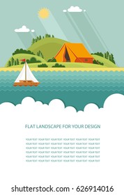 Blank for text. summer Morning landscape in the mountains. Solitude in nature by the river. Weekend in the tent. Hiking and camping. Flat vector Infographics design