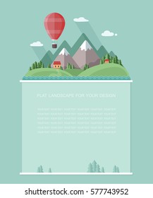 Blank for text. Traveling in a balloon. Spring. Vacation home on a background of mountains. Flat vector Infographics design