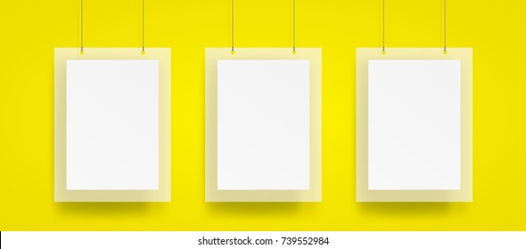 Blank Three hanging poster and frame with wire mockup vector on yellow background. Mockup concept