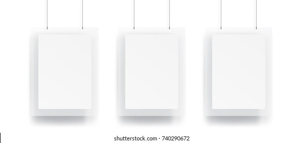 Blank Three hanging poster and frame with wire mockup vector on white background. 