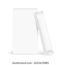 Blank three seal stick package bag with paperboard box mockups. Front view. Vector illustration isolated on white background. Can be use for food, cosmetic, pharmacy and etc. EPS10.