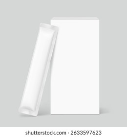 Blank three seal stick package bag with paperboard box mockups. Front view. Vector illustration isolated on grey background. Can be use for food, cosmetic, pharmacy and etc. EPS10.