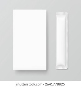 Blank three seal stick package bag with paperboard box mockups. Front view. Vector illustration isolated on grey background. Can be use for food, cosmetic, pharmacy and etc. EPS10.