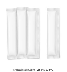 Blank three seal stick package bag mockups. Flat lay view. Vector illustration isolated on white background. Can be use for food, cosmetic, pharmacy and etc. EPS10.