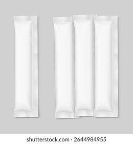 Blank three seal stick package bag mockups. Flat lay view. Vector illustration isolated on grey background. Can be use for food, cosmetic, pharmacy and etc. EPS10.