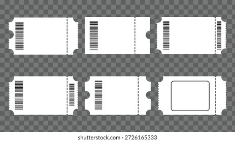 Blank Ticket Icons Set with Barcode, Ticket Template Designs, Vector Illustration