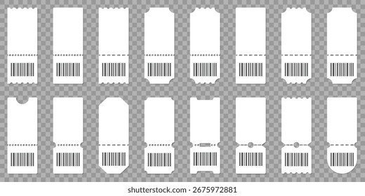 Blank ticket mockup collection. Simple white tickets with barcode and perforated edges. Great for events, cinema, and vouchers