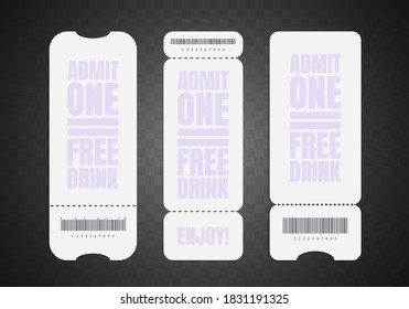 Blank ticket mockup set. Realistic white paper coupon isolated on grey background. Cinema, circus, concert and movie ticket layouts design. Admit one identification. Raffles. Control pass. Vector