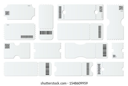 Blank ticket mockup. White tickets with barcodes, empty coupon and admit one ticket template vector set. Vouchers with tear off elements. Qr codes, identification. Raffles. Control pass