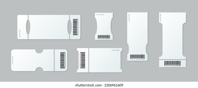 Blank ticket mockup. White tickets with barcodes, empty coupon and admit one ticket template set. Vouchers with tear off elements and identification. Control pass item. Vector illustration