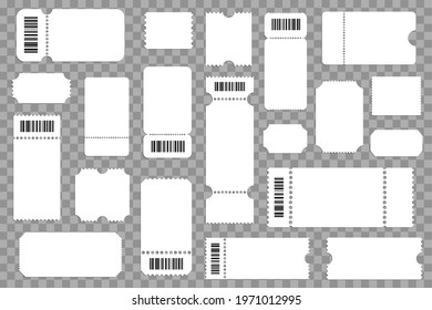 Blank ticket, raffle and lottery vector mockups on transparent background. Concert, movie or festival event 3d realistic admission coupons, airplane or train tickets with tear off cards and barcodes