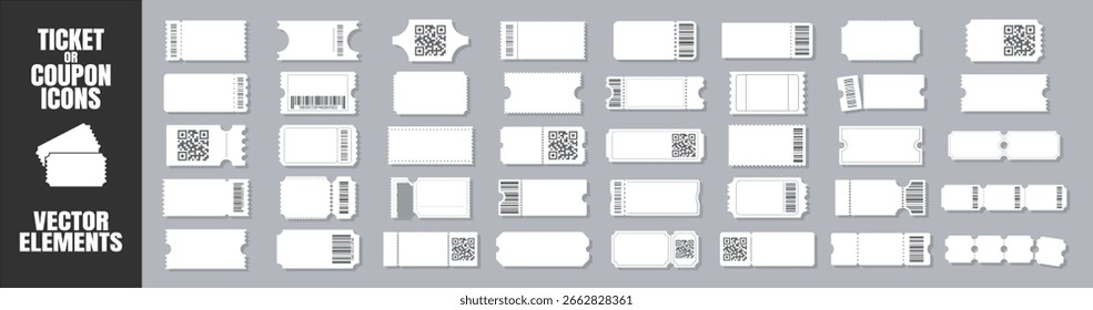 Tíquete em branco definido com código de barras e código QR. Coleção de modelos de tíquete vazios com bordas perfuradas em várias formas para uso em eventos, cinema ou viagens