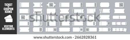 Blank ticket set with barcode and QR code. Collection of empty ticket templates with perforated edges in various shapes for event, cinema or travel use