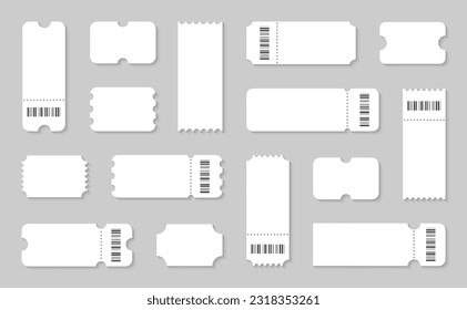 Juego de entradas en blanco. Plantilla de entrada vacía con código de barras. Cupones, lotería, películas, conciertos, embarque en el transporte. Ilustración vectorial.