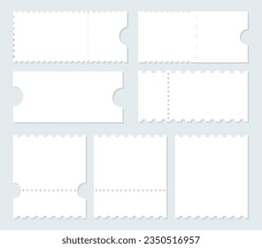 Blank ticket set. Empty ticket template. Coupons, lotterys, tickets movie, concert, boarding on transport. Vector illustration.