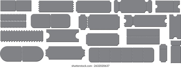 Blank ticket set. Empty ticket template. Coupons, lottery's, tickets movie, concert, boarding on transport. Vector illustration.