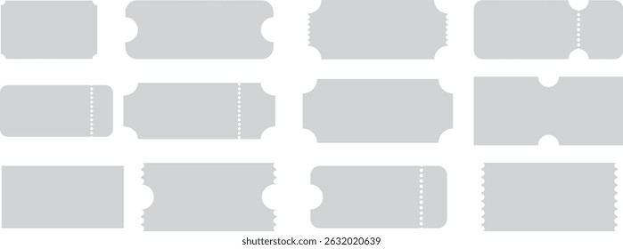 Blank ticket set. Empty ticket template. Coupons, lottery's, tickets movie, concert, boarding on transport. Vector illustration.