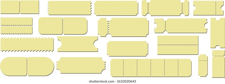 Blank ticket set. Empty ticket template. Coupons, lottery's, tickets movie, concert, boarding on transport. Vector illustration.